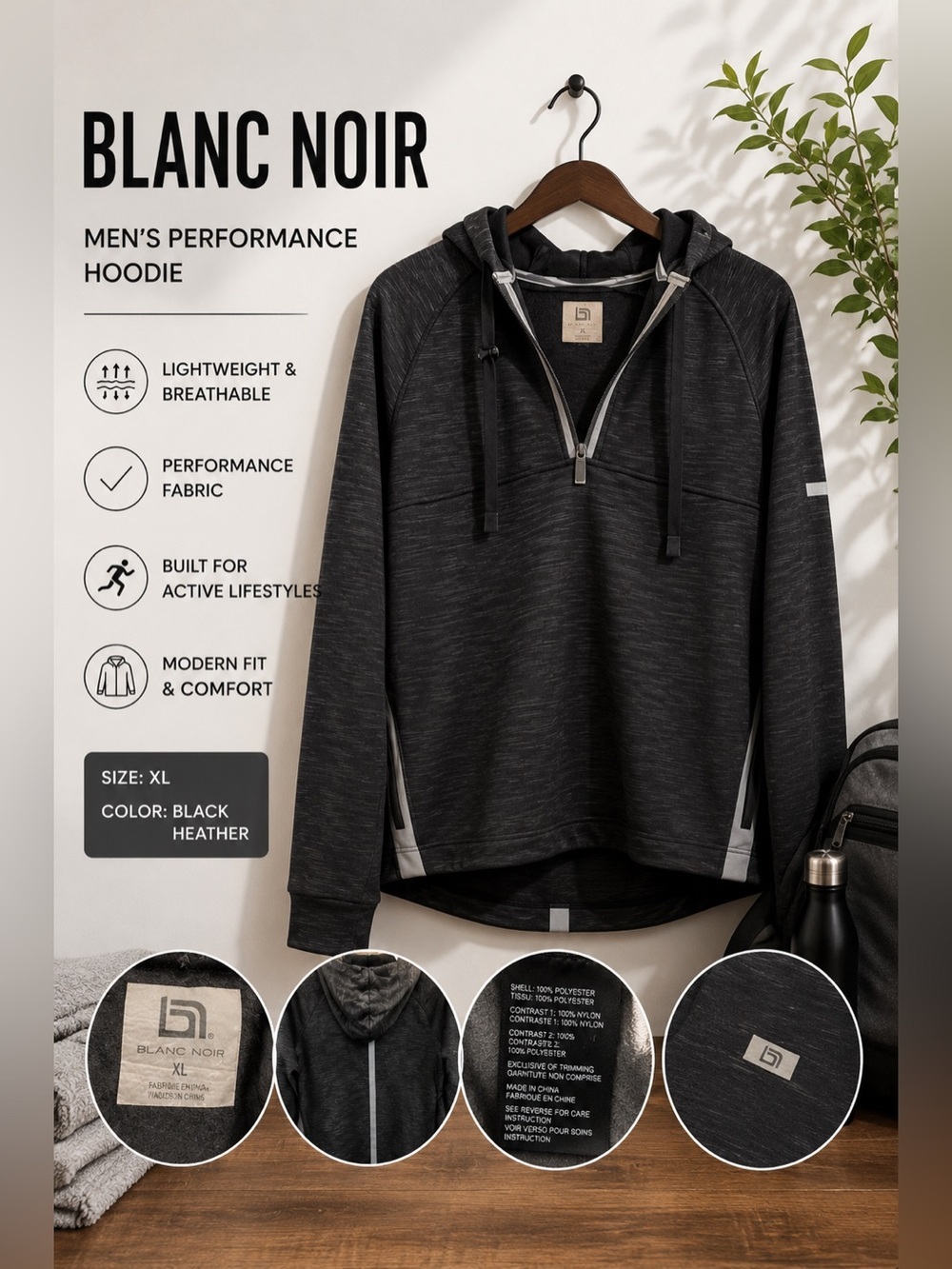 Blanc Noir Men's Charcoal Zip-Up Sweater Hoodie Lounge Athleisure Athletic